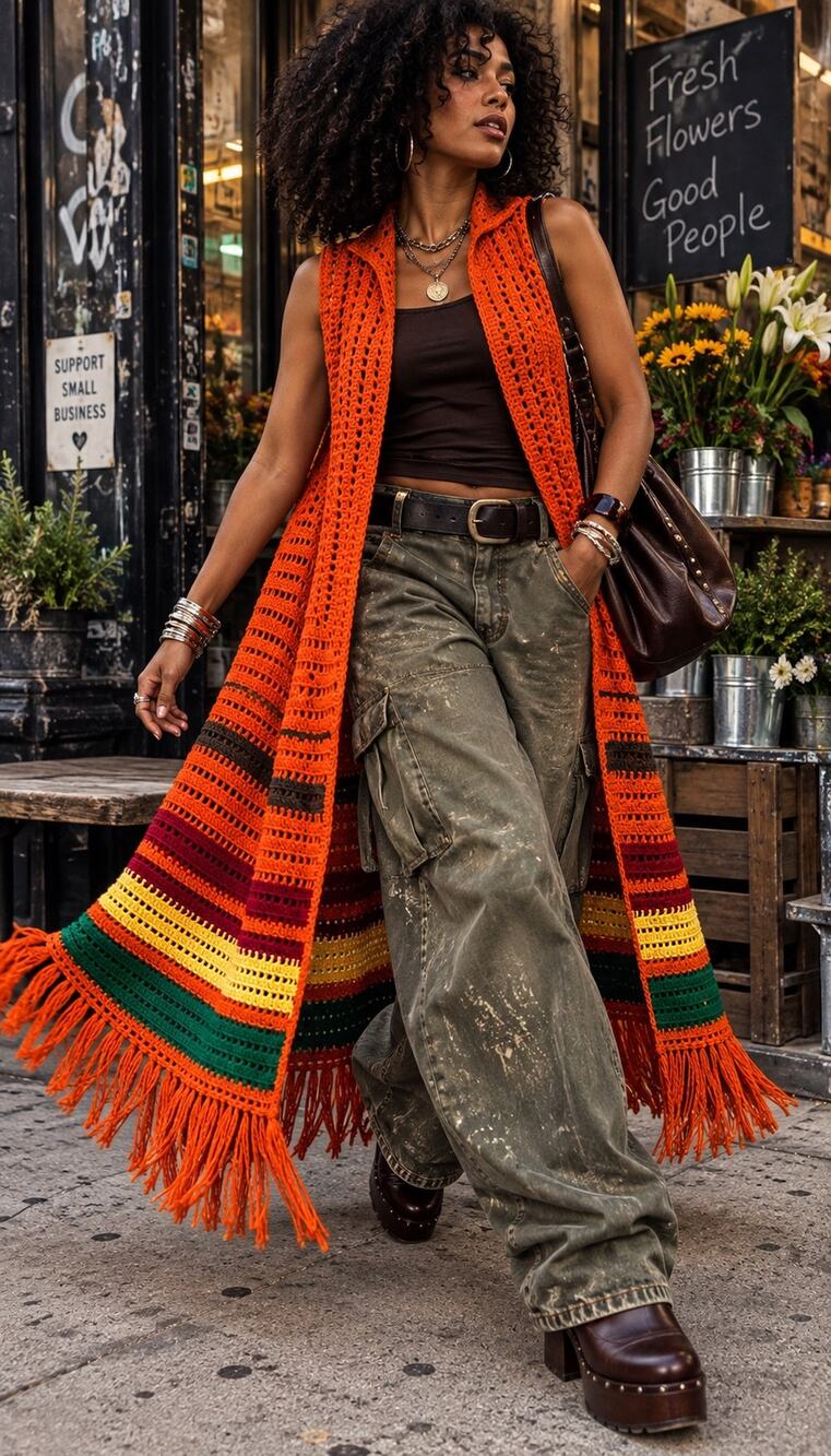 70s Inspired Burnt Orange Crochet Fringe Duster Vest Longline Boho L/ XL